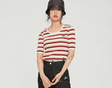 Romantic Crown Womens Stripe Ribbed Tee_Burgundy (21RCSUTTSF003BU)