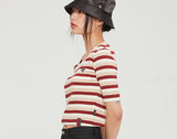 Romantic Crown Womens Stripe Ribbed Tee_Burgundy (21RCSUTTSF003BU)