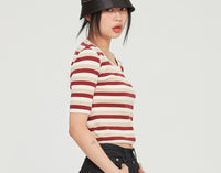 Romantic Crown Womens Stripe Ribbed Tee_Burgundy (21RCSUTTSF003BU)